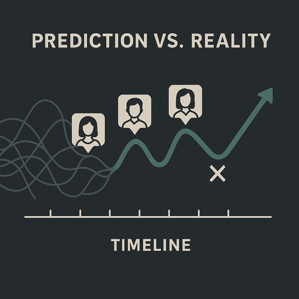 Illustration: Timeline comparing prediction icons against an actual market movement line, showing hits and misses
