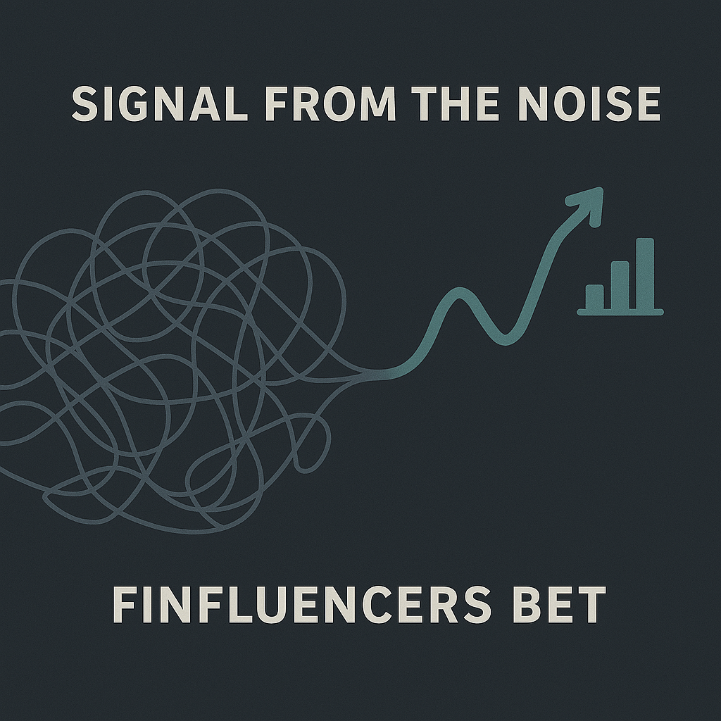 Illustration: Tangled lines representing noise resolve into a clear upward trend line labeled Finfluencers Trade